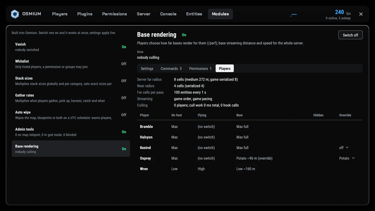 The in-game Osmium panel on its Modules page, with Base rendering open.