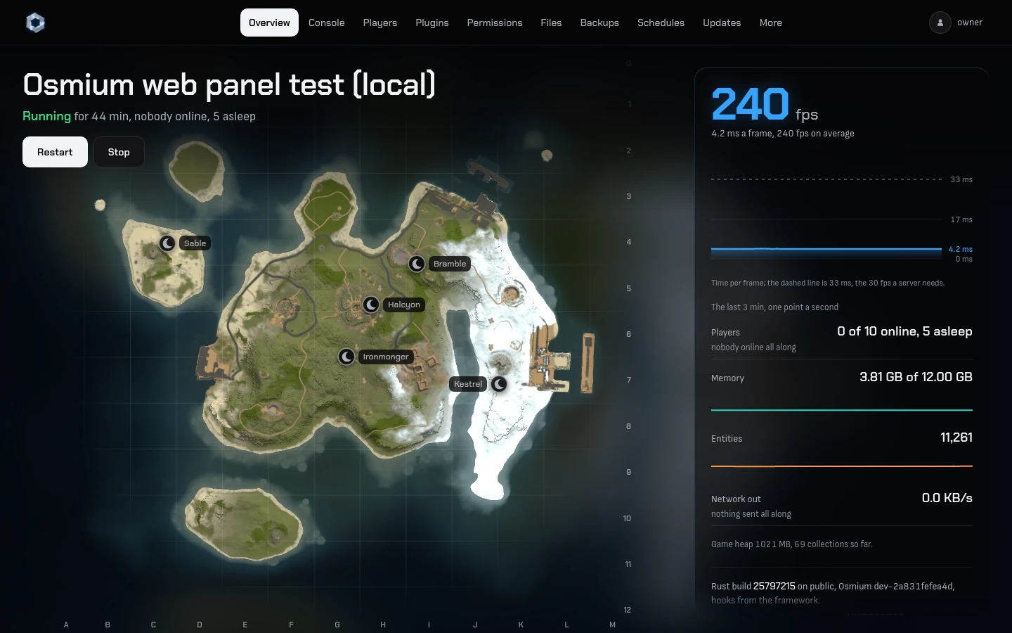 The Osmium web panel overview with the server map, frame time, memory and entities.